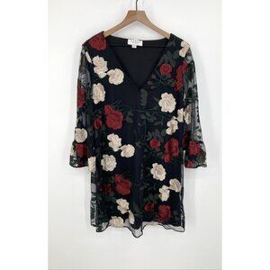 Label by 5 twelve Black Floral Embroidered Dress Size 12 Stretch Mesh Bell Sleev
